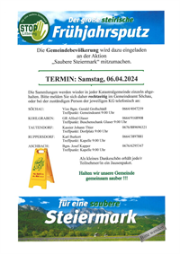 Liebe Bürgerinnen und Bürger! Sie sind am Samstag den 06.04.2024 an der Aktion “Saubere Steiermark” eingeladen mitzumachen. Bitte melden Sie sich rechtzeitig im Gemeindeamt Söchau, oder in dem jeweiligen KG telefonisch an.